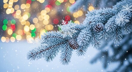 A snowy Christmas tree branch with snowflakes and a pine cone against a blurred background of twinkling lights.