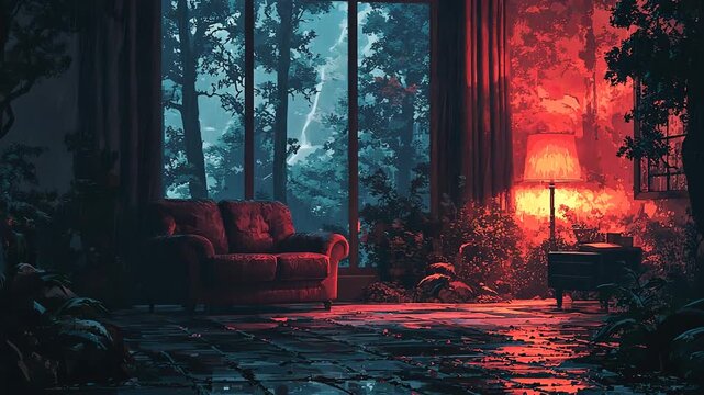 abstract cozy living room rainy atmospheric for vtuber, streaming, wallpaper video
