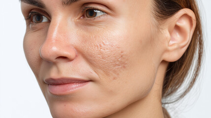 Obraz premium Close up portrait of woman with light skin showing subtle acne scars and uneven skin texture on cheek, healthy complexion, natural look, calm expression, studio lighting