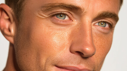 Obraz premium Portrait close up of man with flawless luminous skin, green eyes, smooth complexion, natural freckles, healthy glow, and subtle smile, radiating confidence and calm emotion