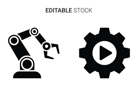 Automation robotic arm and gear with play button icon, industrial technology concept.