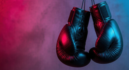 Black boxing gloves hanging, combat sport equipment, fighter physical training, competition challenge, sport event poster