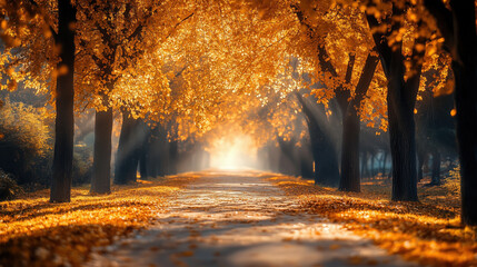 a pathway in an urban park with golden trees, peaceful fall morning walk