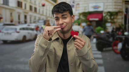 Man pinches fingers to show small heart on city street; playful affection.