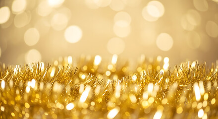 Gold tinsel garland macro with bokeh background