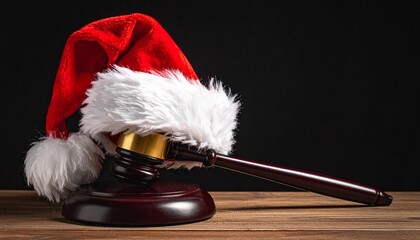 judge's gavel with a Santa hat on wooden table on a black background, Christmas and new year celebration. Winter holidays law or heritage protection service protection