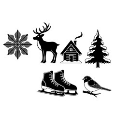 Collection of Winter Season Icons, Including Snowflake, Reindeer, Cabin, Pine Tree, Skates, and Bird on Branch, Representing Seasonal Activities and Natural Elements