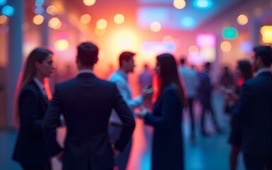 A vibrant networking event with business professionals engaging in conversation, blurred figures creating a sense of motion and activity. High quality