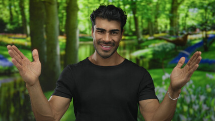 Young hispanic man smiling with open hands making large size gesture in green forest surrounded by...