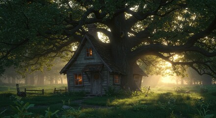 Rustic wooden dwelling nestles beneath the expansive canopy of a grand, ancient tree during a hazy sunrise