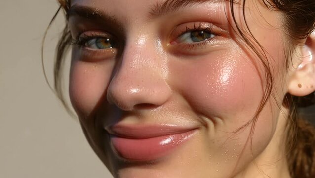 Beauty video of a woman&rsquo;s face with naturally visible pores and natural glowing skin with beautiful eyes and light smile.Zoom out slow motion.AI Generative.