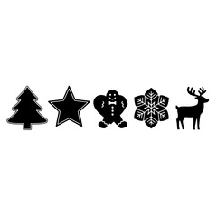 Black and White Collection of Winter Season Icons Consisting of Fir Tree Star Gingerbread Man Snowflake and Reindeer Holiday Season Decor Elements for Print and Digital