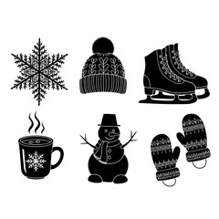 Set of Winter Season Iconography Featuring Snowflakes, Warm Hat, Ice Skates, Steaming Mug, Snowman, and Cozy Mittens in Minimalist Black and White Style