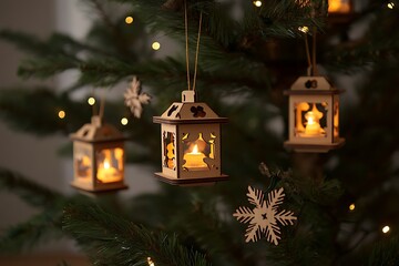 A Christmas tree with glowing lantern ornaments and wooden snowflakes, neutral festive backdrop
