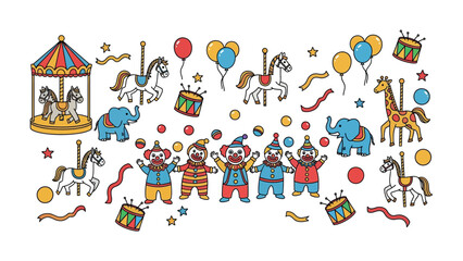 Fototapeta premium Colorful Circus: A whimsical illustration of a lively circus scene, featuring clowns, carousel, carousel animal, balloons, and musical instruments, evoking the playful atmosphere of a carnival.