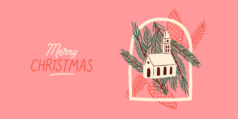 Merry Christmas hand drawn winter home greeting card illustration. Vintage style church with xmas nature decoration and pine tree leaves. Party celebration design, december season event banner. © Dedraw Studio