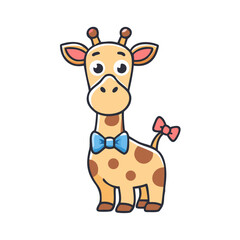 Fototapeta premium Cartoon giraffe wearing blue bow tie on white background