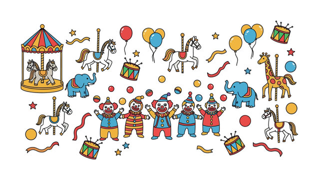 Colorful Circus: A whimsical illustration of a lively circus scene, featuring clowns, carousel, carousel animal, balloons, and musical instruments, evoking the playful atmosphere of a carnival.
