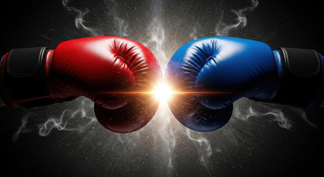 Red and blue boxing gloves collide with fiery energy, representing intense boxing competition and fight