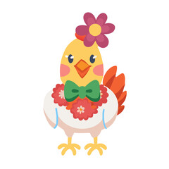 Obraz premium Cartoon chicken with green bow tie and flower headpiece