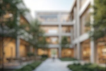 Fototapeta premium Blurred Background of Urban Oasis with Palm Trees in Modern Shopping Center Setting Under Clear Blue Sky. Blurry Background For Design Projects.