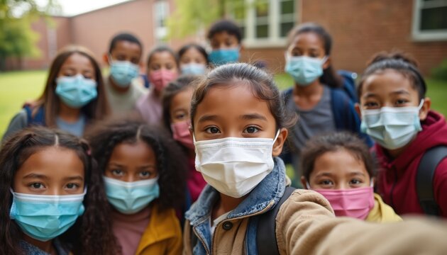 Diverse school kids with face masks take selfie together near school building. Students wear masks to protect from viruses during covid19 pandemic. Children stand outdoors, smile and study.