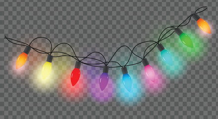 Festive christmas lights garland with colorful bulbs on transparent background for holiday season decoration design element © Nipun