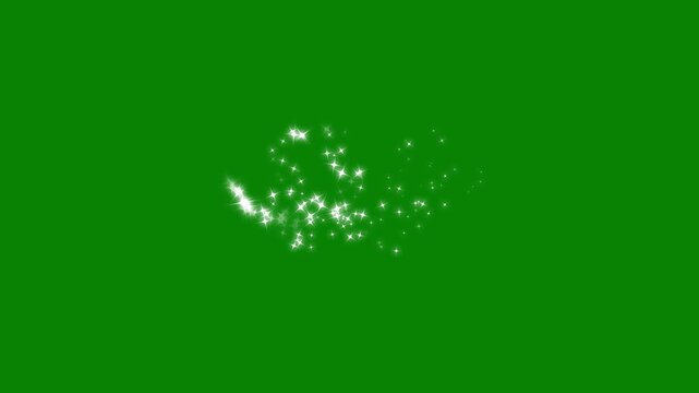 White glitter light tail swirling with magic sparkle dust, twinkling particles, glowing star doodle lines and shimmering comet traces creating a luxury fairy dust trail animation on green scenes. 4k