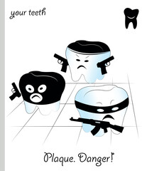 Funny teeth vector. Caricature, plaque