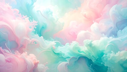 A soft and dreamy abstract pastel background featuring fluid swirling shapes in pink, teal, and light blue tones