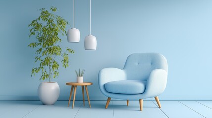 Light blue velvet armchair with lamps and plants in clean light blue living room, interior design