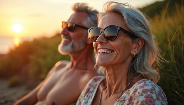 Elderly couple enjoying sunset at beach. Smiling pair relaxing outdoors near sea. Mature man and woman happy on vacation, warm summer evening.