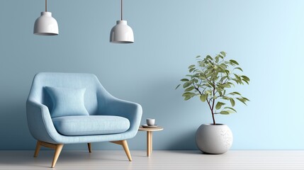 Light blue velvet armchair with lamps and plants in clean light blue living room, interior design