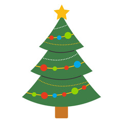 Christmas tree decorated with Christmas toys and garlands isolated on the background. Vector New Year and Christmas illustrations.