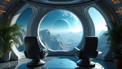 Sci-fi interior shows planet view from spaceship cabin. Round window looks at landscape with mountains, planets. Futuristic interior with chairs, plants at space station looks cozy.