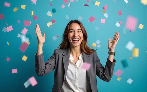 Happy business woman, confetti and celebration for winning or promotion against a blue studio background. Excited female person or employee smile in freedom for victory, achievement or party event