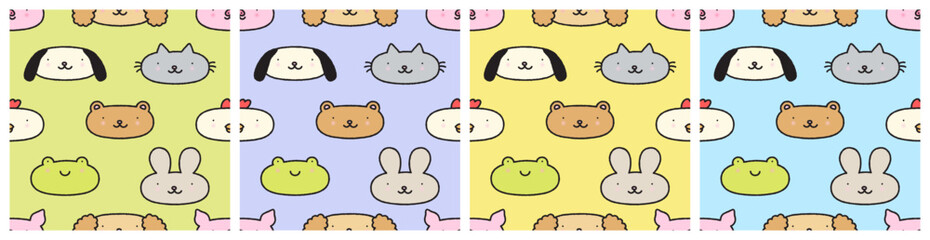 Colorful hand drawn animal doodle cartoon seamless pattern set. Cute children wallpaper background design collection. Funny diverse animals drawing includes dog, cat, bear, rabbit character bundle.
