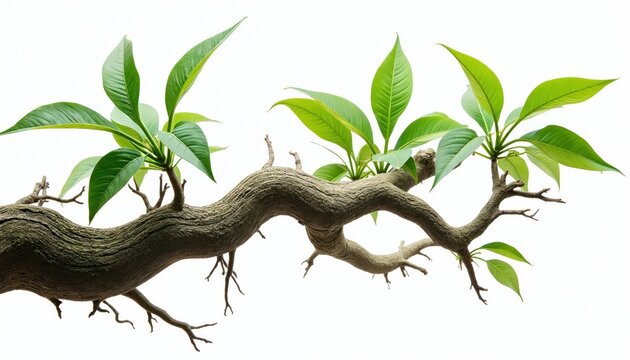 Image presents a twisted jungle branch with green leaves on white. It is a studio photo of a tree branch. Suitable for design projects ecology themes nature topics.