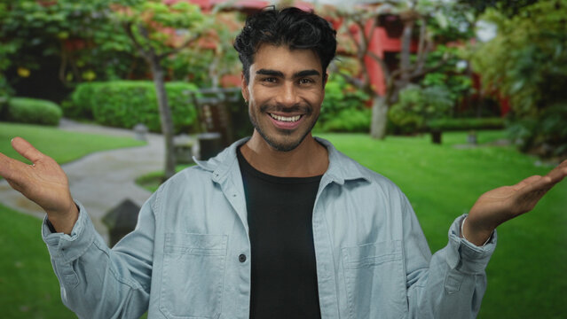 Hispanic man spreads arms wide gesture in front of a building while smiling; joy optimism celebration.