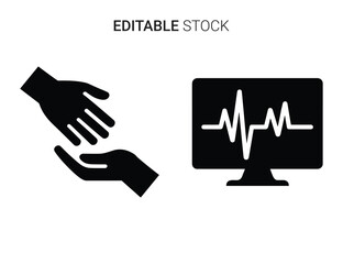 Fototapeta premium Medical care and assistance icon set with heartbeat monitor and helping hands symbol