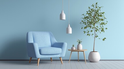Light blue velvet armchair with lamps and plants in clean light blue living room, interior design
