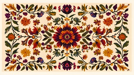 Ornate symmetrical floral embroidery design features richly colored blossoms and foliage