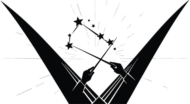 Mystical hands conjure stars and constellations with a magic wand, evoking wonder and imagination.