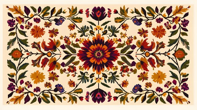 Ornate symmetrical floral embroidery design features richly colored blossoms and foliage