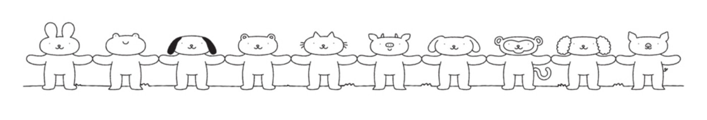 Cute animal cartoon character group holding hands black and white illustration. Funny hand drawn diverse animals team, children mascot drawing. Includes dog, cat, bear, bunny. Teamwork concept.