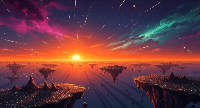Floating Islands Sunset Cosmic Cascade