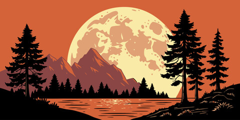 Moonlit Mountain Landscape: A serene evening scene unfolds, with majestic mountains silhouetted against a warm, orange sky illuminated by a radiant full moon. Trees stand in silhouette. © Pronob Kumar Ray