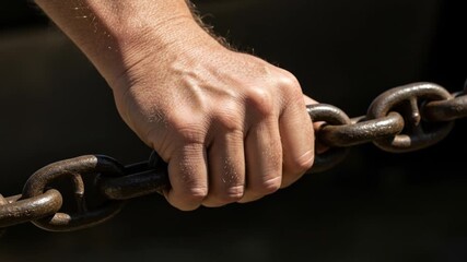 A hand grips a heavy rusty chain