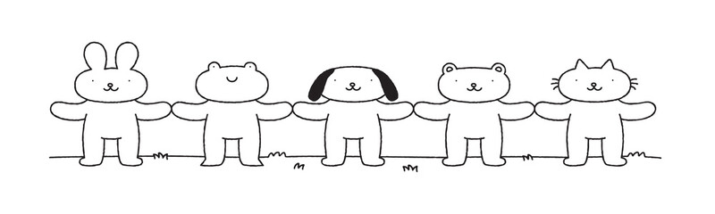 Cute animal cartoon character group holding hands black and white illustration. Funny hand drawn diverse animals team, children mascot drawing. Includes dog, cat, bear, bunny. Teamwork concept.