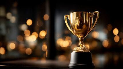 Golden trophy on black background faceless success symbol slightly defocused business competition achievement sport award ceremony concept elegant professional visualization